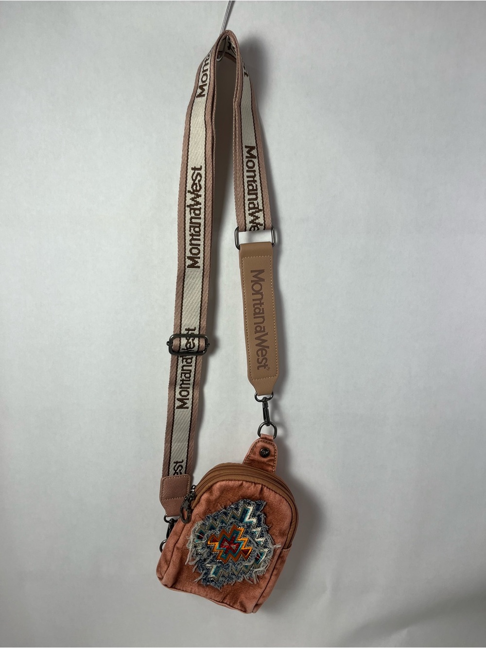 Montana West Pink Tan Small Crossbody Belt Bag with Embroidered Aztec Accent